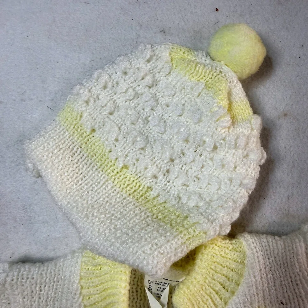 Crochet Baby Knit 3pc Set Sweater Pants Bonnet 0-3M Popcorn Vintage Cottagecore